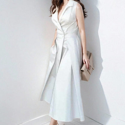 Robe midi femme – Cintrée taille – Col en V – Sans manches – Tissu fluide respirant