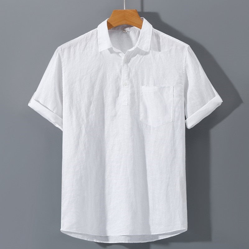 Polo homme – Lin léger – Coupe décontractée – Manches courtes retroussables – Poche poitrine