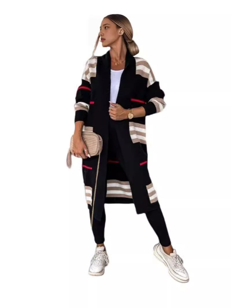 Cardigan long femme – Maille laine – Coupe oversize – Rayures – Ouverture frontale