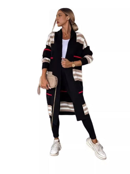 Cardigan long femme – Maille laine – Coupe oversize – Rayures – Ouverture frontale