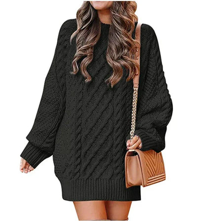 Robe Pull Femme – Coupe Oversize – Maille Torsadée – Longueur Genou – Manches Longues