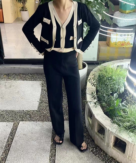 Ensemble Femme – Maille Douce – Pantalon Large Taille Haute – Gilet Court – Top Sans Manches