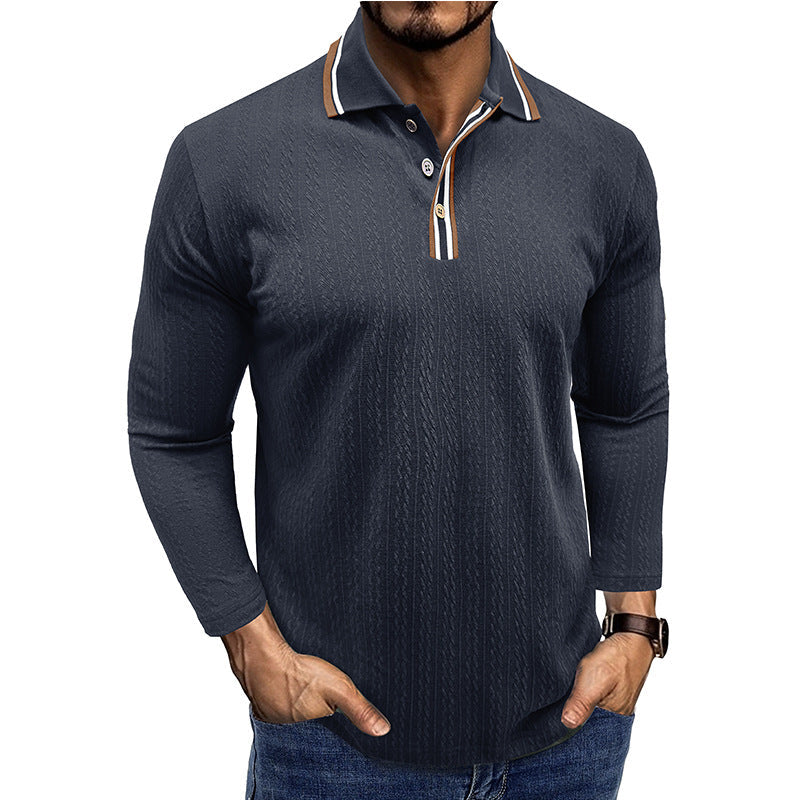 Polo homme manches longues – Coupe cintrée – Maille texturée – Col rayé