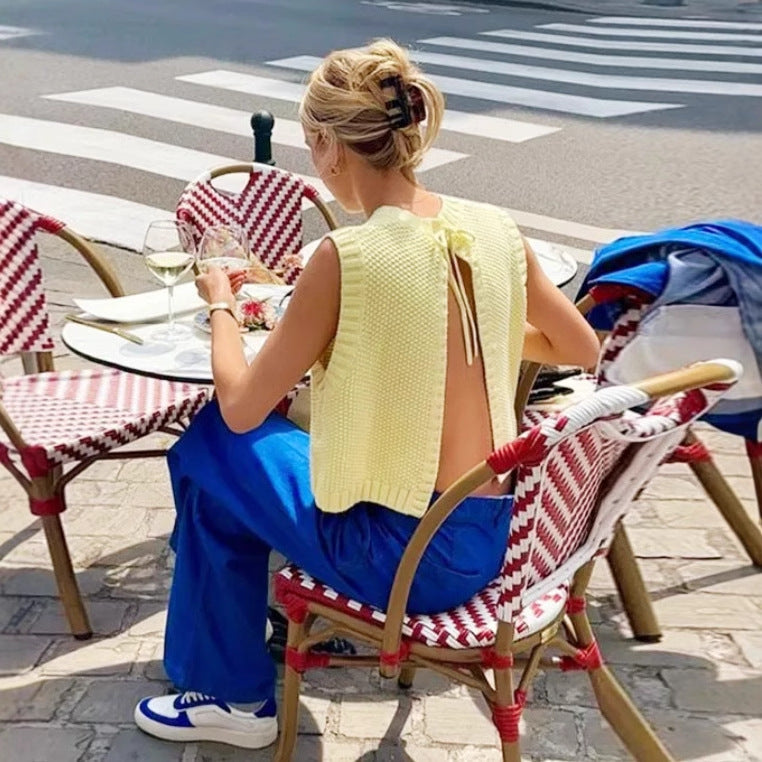 Débardeur femme – Maille légère – Coupe ample – Sans manches – Finition côtelée