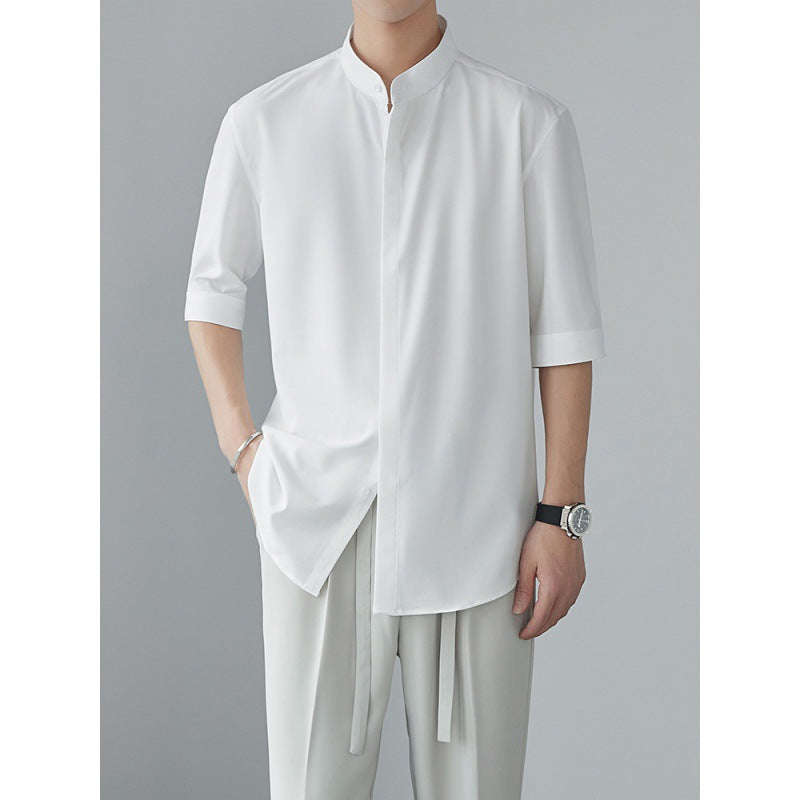 Chemise homme manches longues – Coupe décontractée – Col mao – Tissu fluide respirant