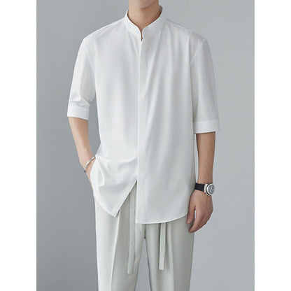 Chemise homme manches longues – Coupe décontractée – Col mao – Tissu fluide respirant