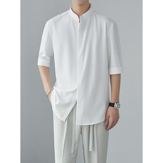 Chemise homme manches longues – Coupe décontractée – Col mao – Tissu fluide respirant