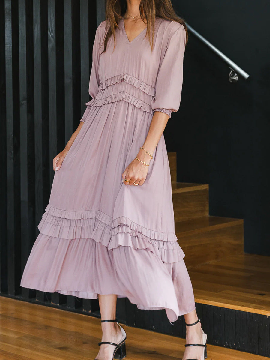 Robe midi femme – Col en V – Manches longues – Coton doux – Coupe fluide