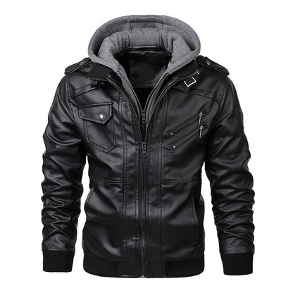 Veste en cuir à capuche pour homme - Fermeture éclair - Coupe décontractée