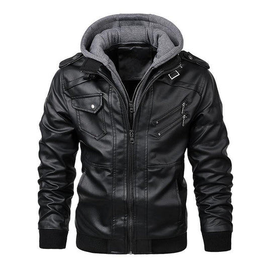 Veste en cuir à capuche pour homme - Fermeture éclair - Coupe décontractée
