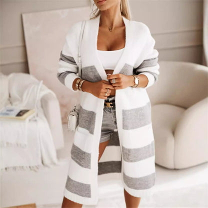 Cardigan femme – Coupe oversize – Maille douce – Longue ouverte – Rayures côtelées