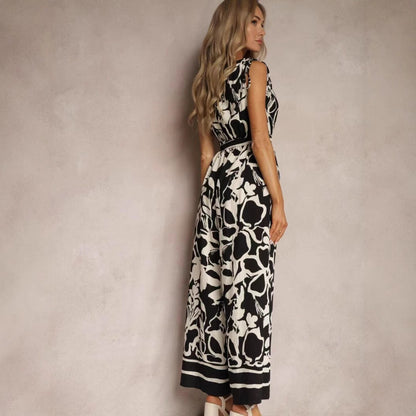 Combinaison femme – Sans manches – Décolleté en V – Taille nouée – Coupe fluide imprimée