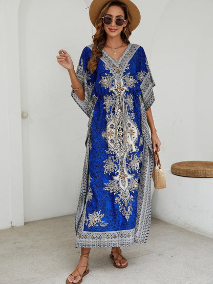 Robe longue femme – Tissu léger respirant – Manches larges – Motif orné – Décolleté V