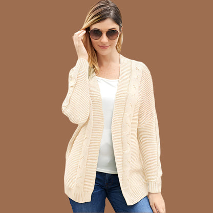 Cardigan femme – Maille épaisse – Coupe oversize – Devant ouvert – Motif torsadé
