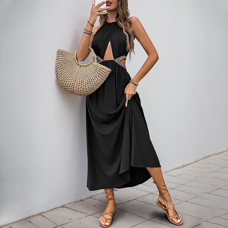 Robe midi femme – Décolleté dos nu – Taille ajourée – Noeud frontal fluide