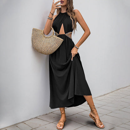 Robe midi femme – Décolleté dos nu – Taille ajourée – Noeud frontal fluide