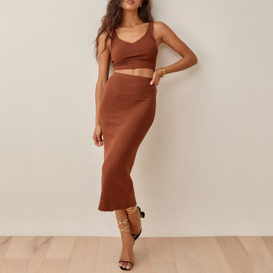 Ensemble femme – Top court en maille côtelée et jupe midi taille haute – Coupe slim