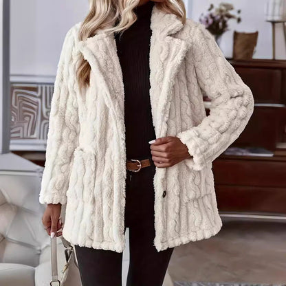 Veste cardigan femme – Coupe oversize – Effet peluche – Col à revers – Boutonnée
