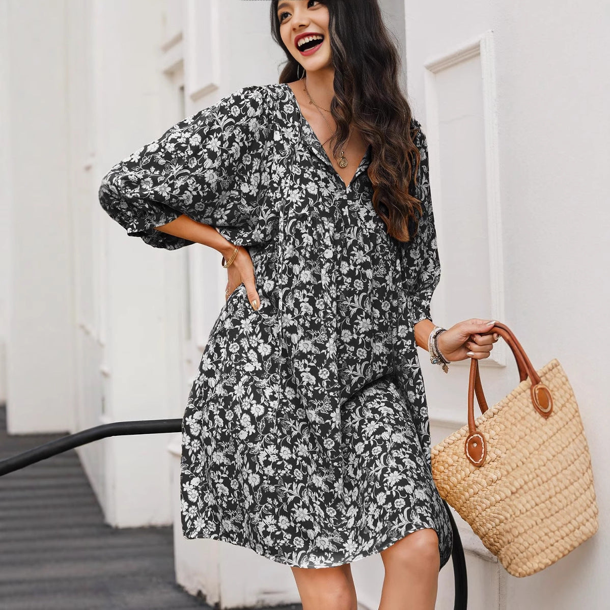 Robe midi femme – Tissu léger – Coupe décontractée – Manches lanterne – Imprimé bohème