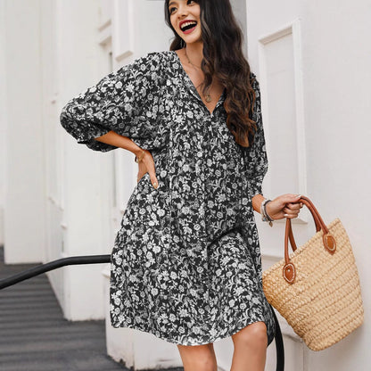 Robe midi femme – Tissu léger – Coupe décontractée – Manches lanterne – Imprimé bohème