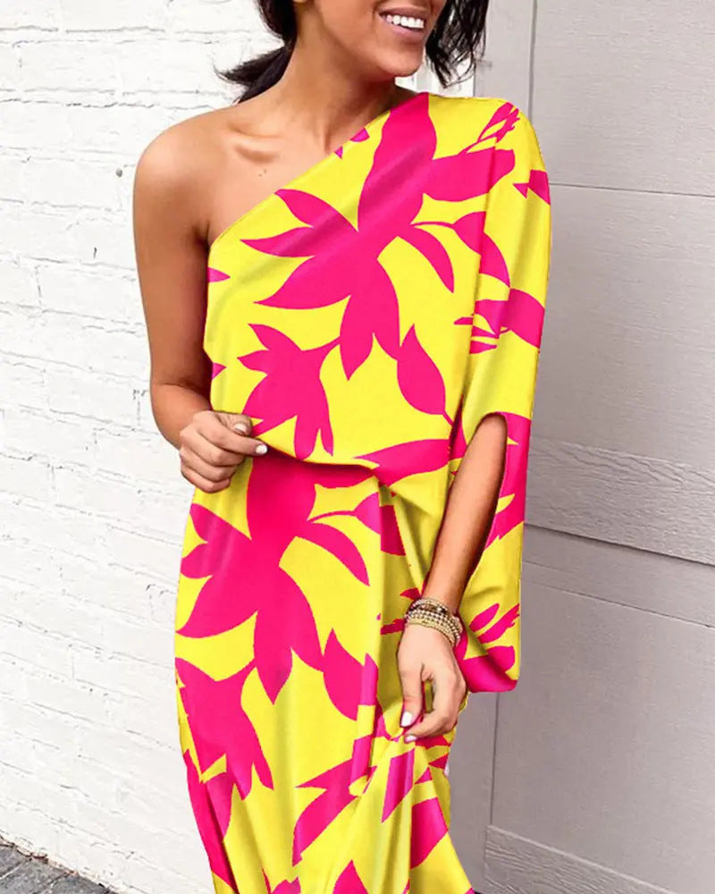 Robe moulante femme – Épaule unique – Imprimé lettres – Fente – Ceinture – Midi