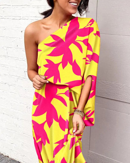 Robe moulante femme – Épaule unique – Imprimé lettres – Fente – Ceinture – Midi