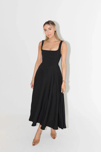 Robe Femme - Encolure Carrée - Sans Manches - Coupe Évasée Midi Élégante