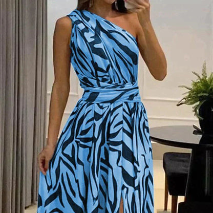 Robe Longue Femme - Épaule Unique - Fendue - Taille Cintrée - Motif Animal Tendance