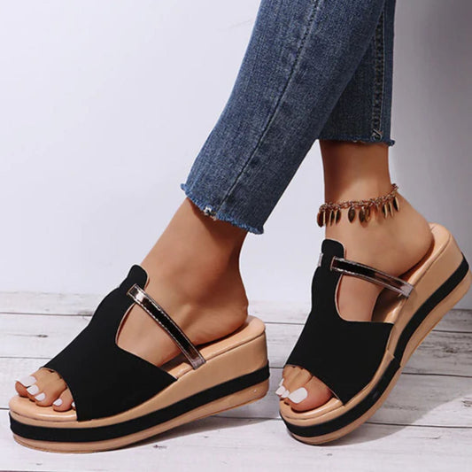Sandales compensées femme – Enfilage facile – Bout ouvert – Tissu doux respirant