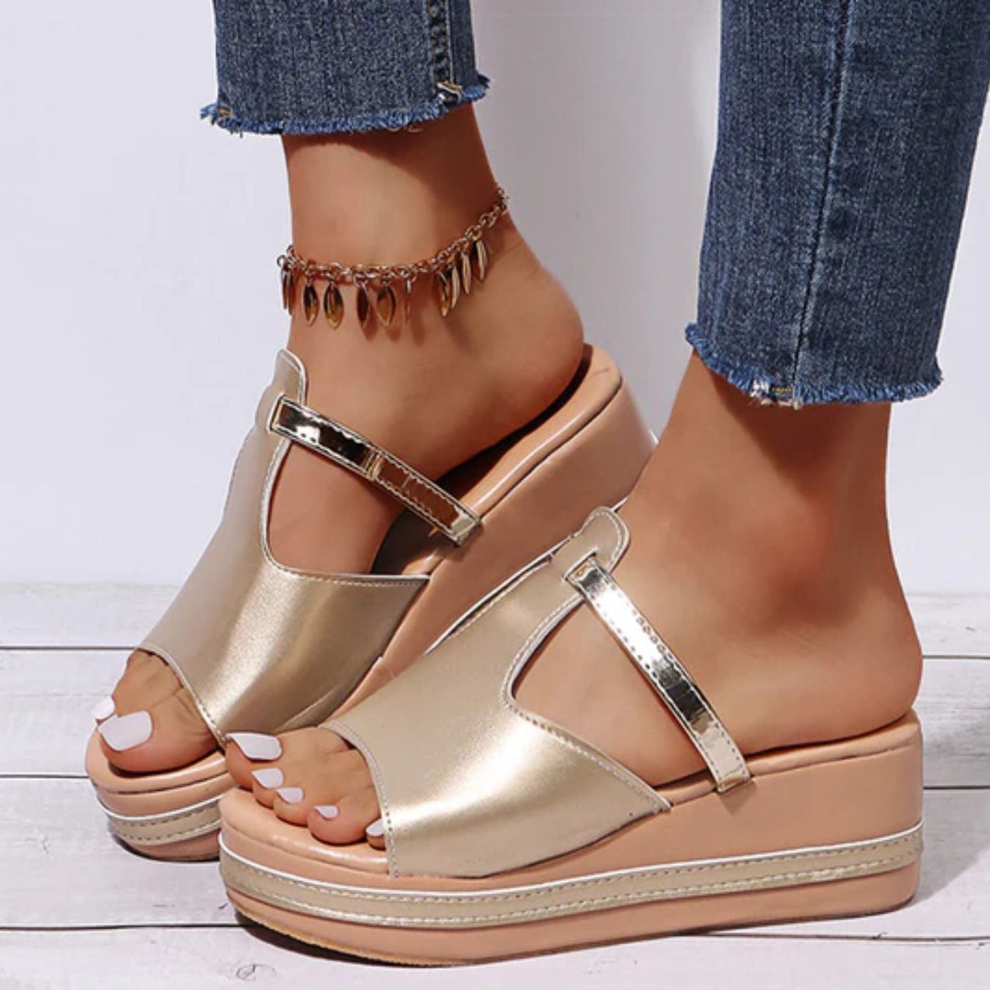 Sandales compensées femme – Enfilage facile – Bout ouvert – Tissu doux respirant