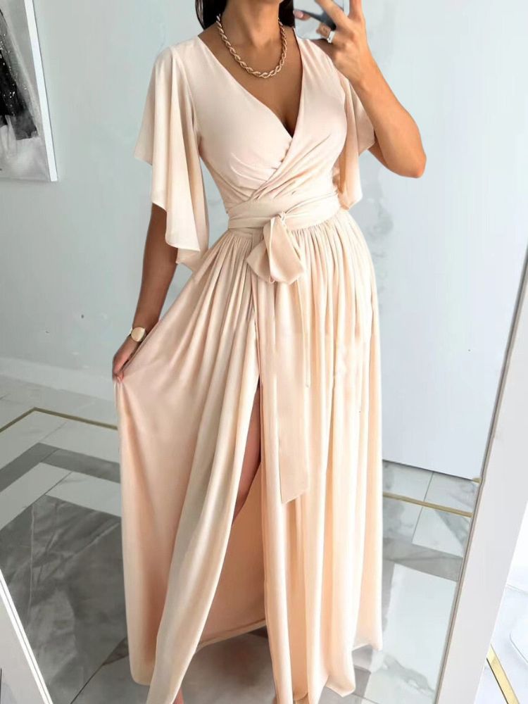 Robe Longue Femme – Décolleté Cache-Cœur – Manches Volants – Ceinture Taille – Fendue Élégante
