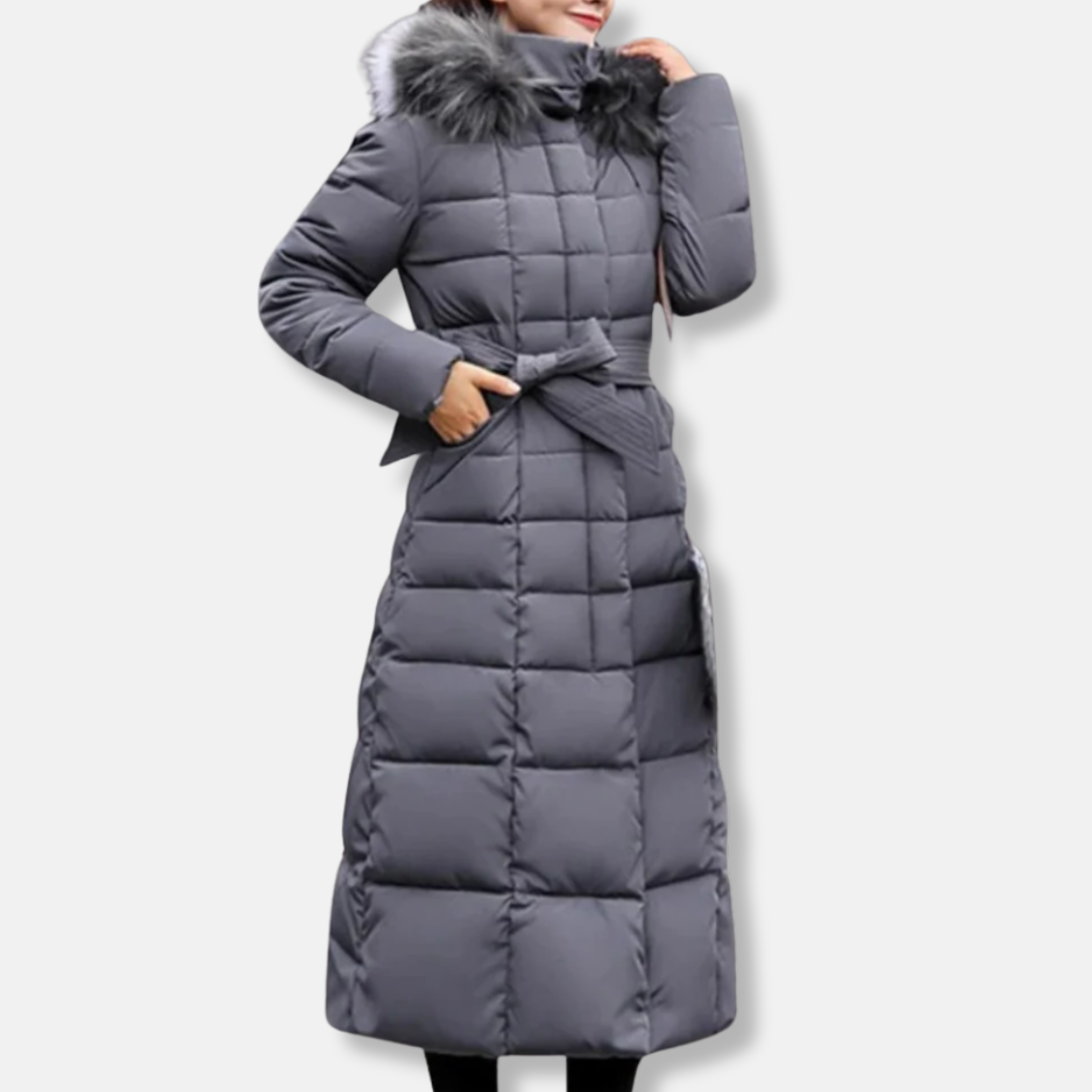 Manteau long femme – Matelassé isolant – Ceinture cintrée – Capuche en fausse fourrure
