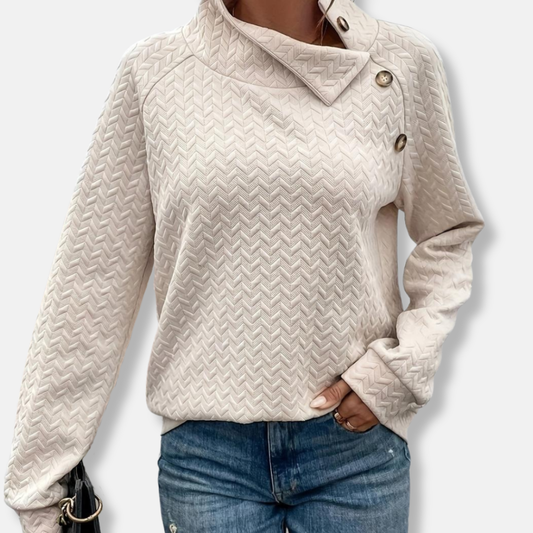 Sweatshirt femme – Coupe décontractée – Col montant boutonné – Maille chevron texturée