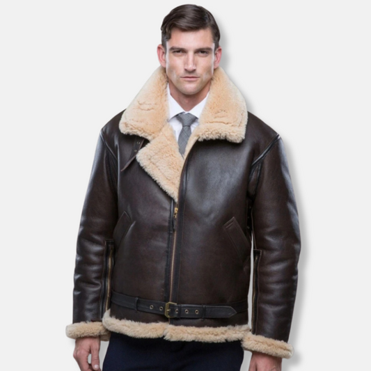 Manteau en fourrure homme – Coupe structurée – Extérieur cuir – Col en fourrure luxueux