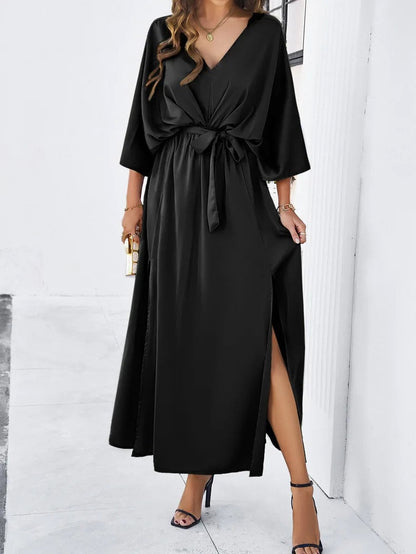 Robe Longue Femme - Décolleté V - Taille Ceinturée - Fendue et Fluide