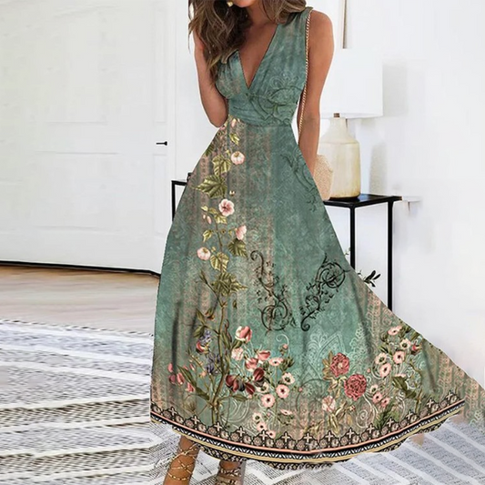 Robe Maxi Femme - Sans Manches - Décolleté Plongeant - Imprimé Fleuri Élégant