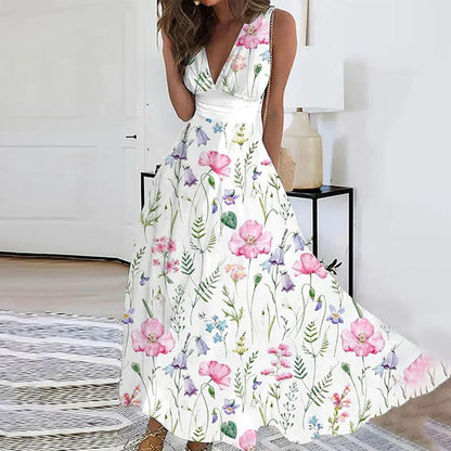 Robe longue femme – Tissu respirant – Sans manches – Décolleté en V – Imprimé fleuri