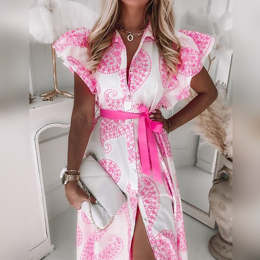 Robe Longue Femme - Boutonnée - Manches Volantes - Ceinture Taille - Motif Paisley