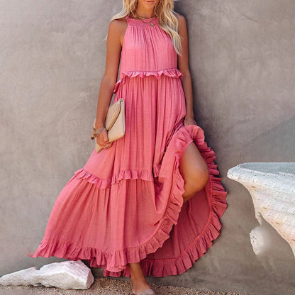 Robe Longue Femme - Dos Nu - Sans Manches - Coupe Fluide - Détails Volants