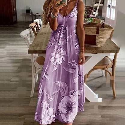 Robe Maxi Femme - Sans Manches - Col V - Bretelles Fines - Motif Fleuri Aérien