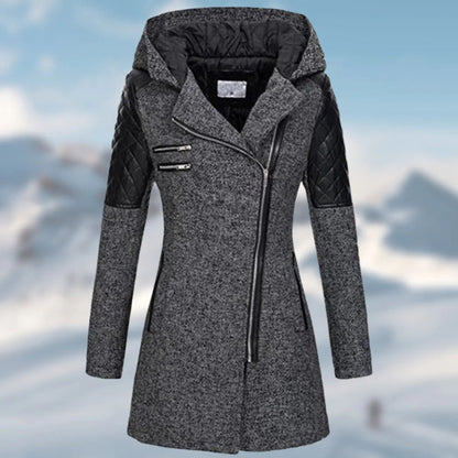 Manteau femme – Coupe cintrée – Laine mélangée – Capuche – Fermeture zippée asymétrique