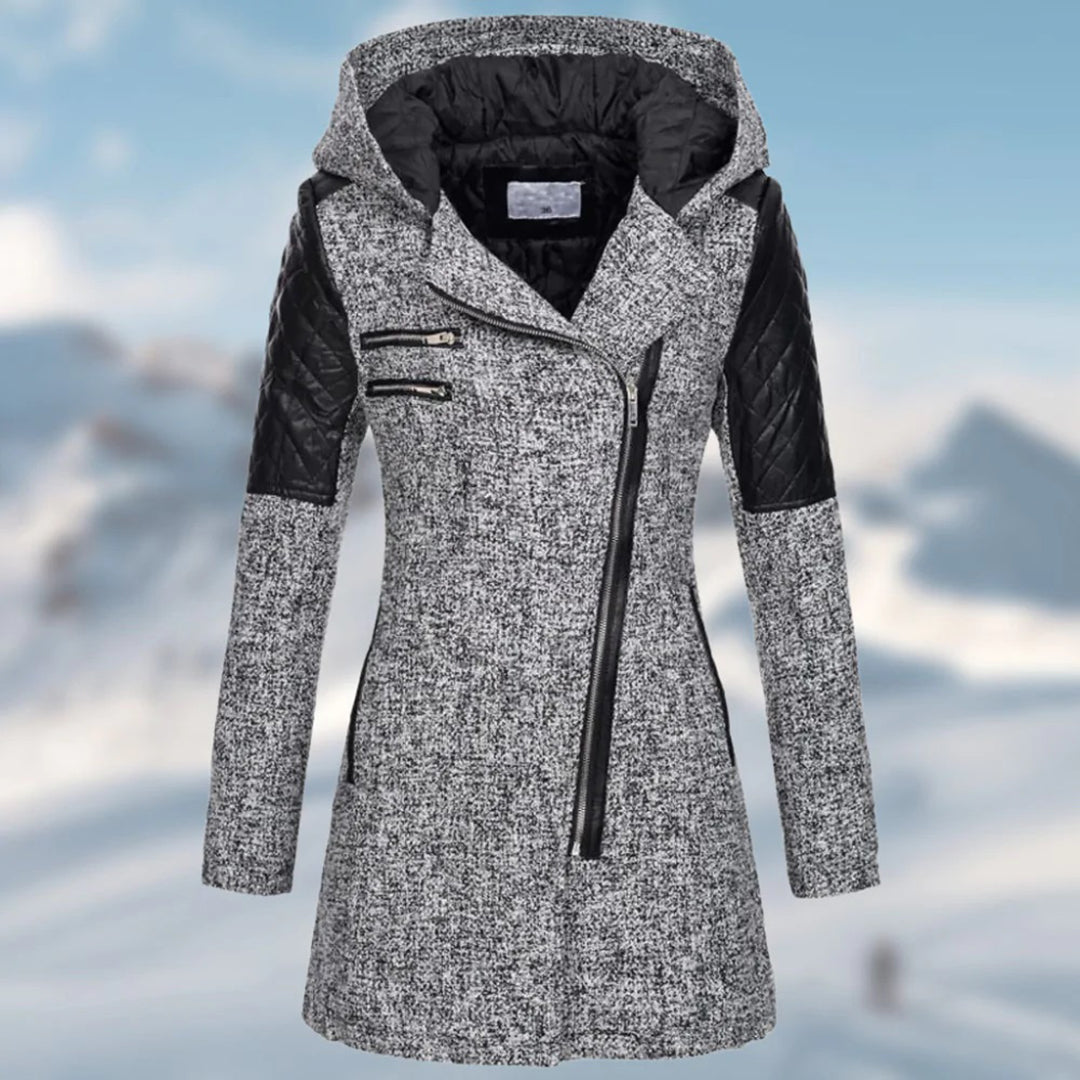 Manteau femme – Coupe cintrée – Laine mélangée – Capuche – Fermeture zippée asymétrique