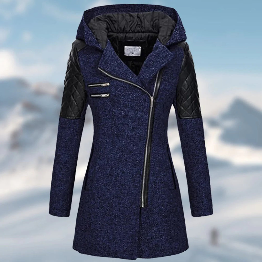 Manteau femme – Coupe cintrée – Laine mélangée – Capuche – Fermeture zippée asymétrique