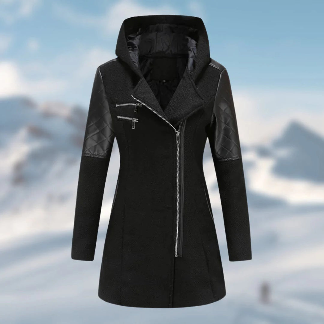 Manteau femme – Coupe cintrée – Laine mélangée – Capuche – Fermeture zippée asymétrique