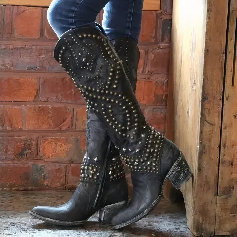 Bottes femme hauteur genou – Cuir vieilli – Talon épais – Rivets – Fermeture zippée