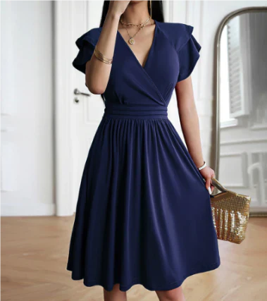Robe midi femme – Décolleté cache-cœur – Manches papillon – Coupe évasée fluide