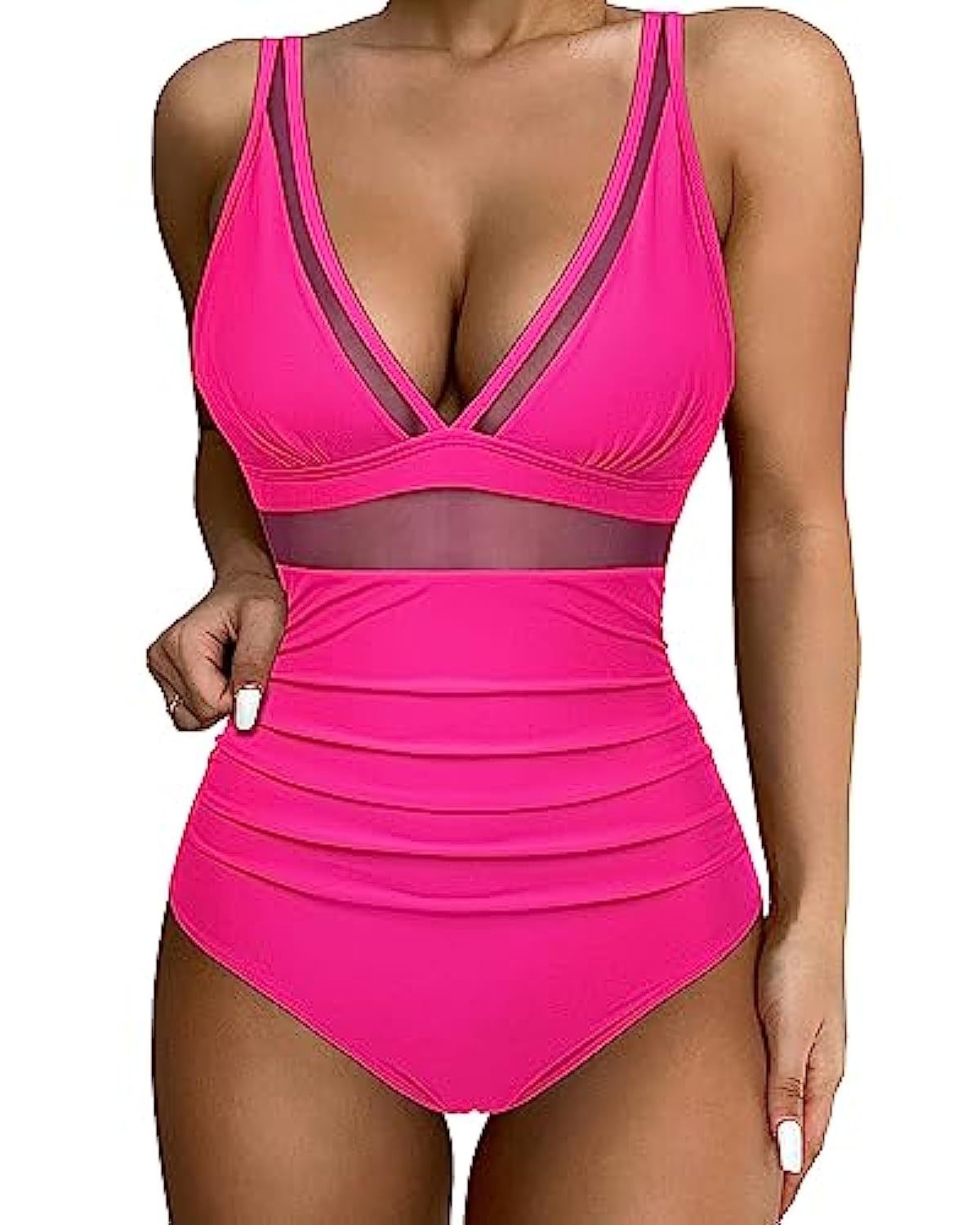 Maillot de bain 1 pièce femme – Décolleté plongeant – Maille sculptante – Empiècements en tulle