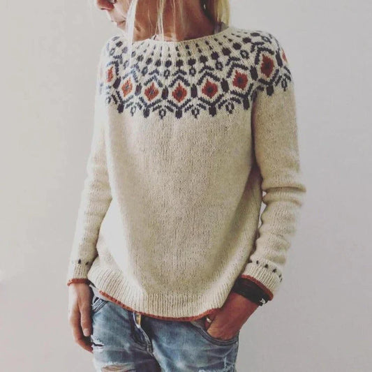 Pull femme – Coupe décontractée – Maille laine – Motif Fair Isle – Finitions côtelées