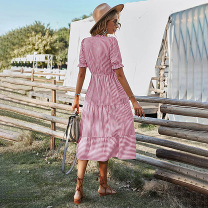 Robe Midi Femme - Col V Boutonné - Manches Bouffantes - Coupe Ample Bohème