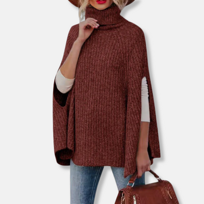 Pull cape femme – Coupe ample – Col montant – Maille côtelée – Mélange laine